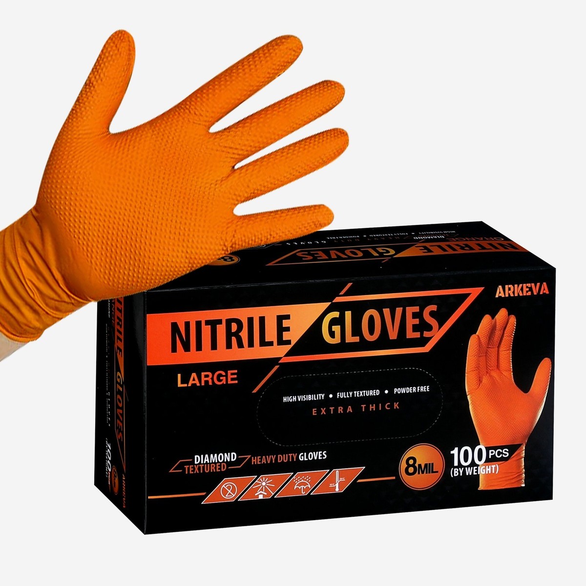 Heavy Duty Orange Industrial Nitrile Gloves with Raised Diamond