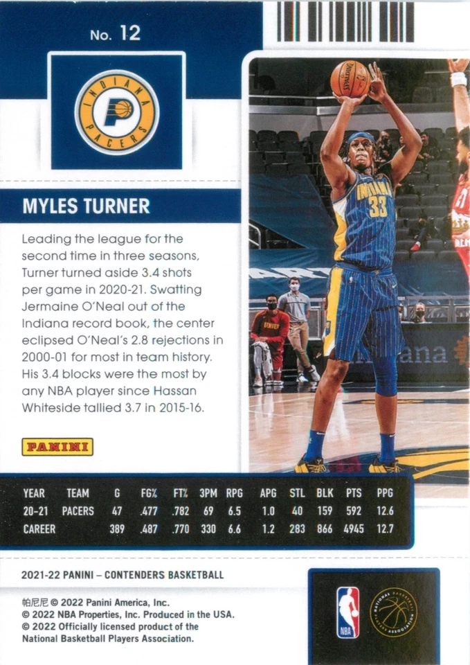 Myles Turner 2021-22 Contenders Basketball Season Ticket Card#12 Indiana Pacers - Image 2 of 2