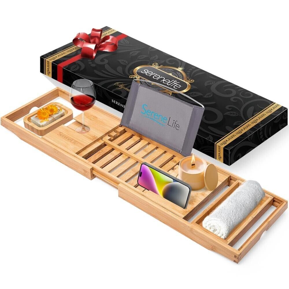Serenelife Natural Bamboo Bathtub  Tub Caddy Tray