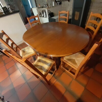 Set Table à Manger Ronde en Bois Doran et 4 Chaises en Rotin Naturel