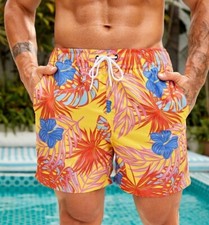 NWT MENS L, XL YELLOW TROPICAL BURST DRAWSTRING SWIM TRUNKS