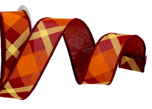 Brown Orange Fall Plaid 1.5" by 3 yd Diagonal Pattern Wired Ribbon Country - Picture 3 of 3