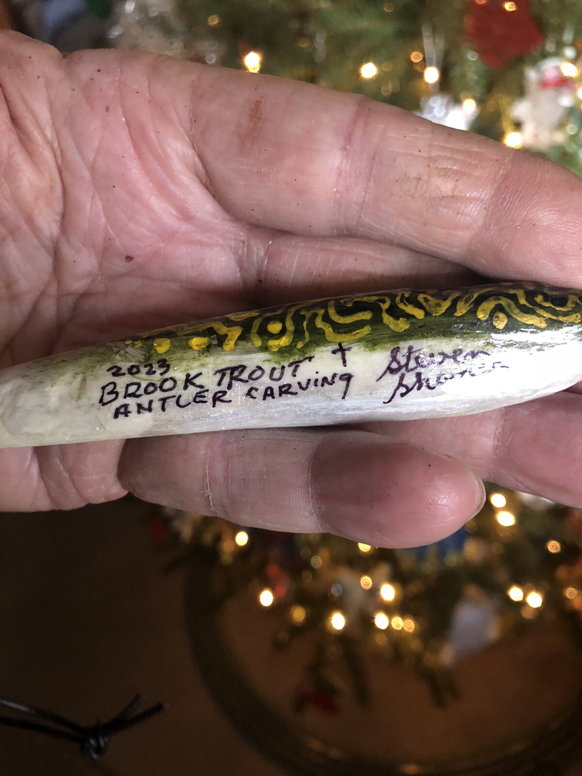 Brook trout antler carving Christmas Ornament Fly Fishing Steven Shaner