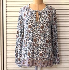 Lucky Brand Womens Blouse Small Ivory Floral Long Sleeve Tunic Top Boho Casual