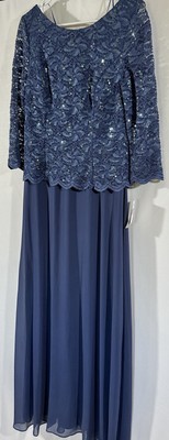 Alex Evenings Blue Sequin Mock Two-Piece Lace Top Dress Size 16 Petite