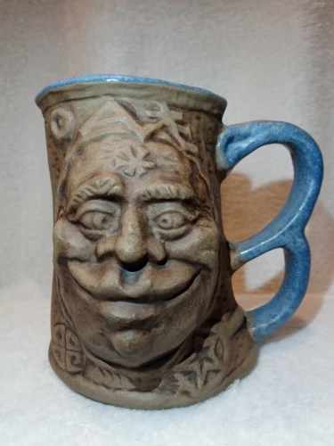 VTG Jim Rumph Ogre Pottery Face Mug Stein Tankard W/ Troll Inside Blue Handle 