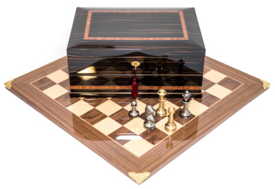 Brass Staunton Chessmen & Master Chess Board Set with Milano Chess Storage Box