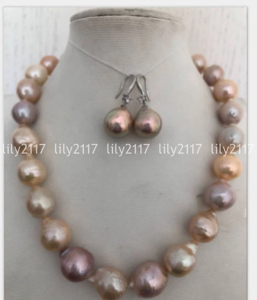 Beautiful Natural 13-14mm south sea baroque gold pink pearl necklace earring set - Image 2 of 4