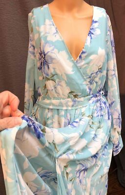 Pink Lily Blue Floral Print Long Sleeves Tie Waist Maxi Dress Small | eBay