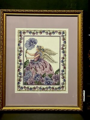  1997 Janlynn Purple Pansy Cross Stitch Completed Art Work Prof Framed 22x18 In