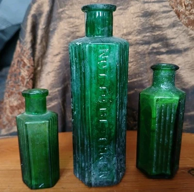 3 Victorian Green Hexagonal Ribbed Poison Bottles Including "Not To Be Taken" - Image 1 of 4