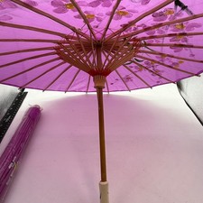 Purple Paper Parasol Umbrella Floral handpainted Bamboo Handle Asian lot of 2