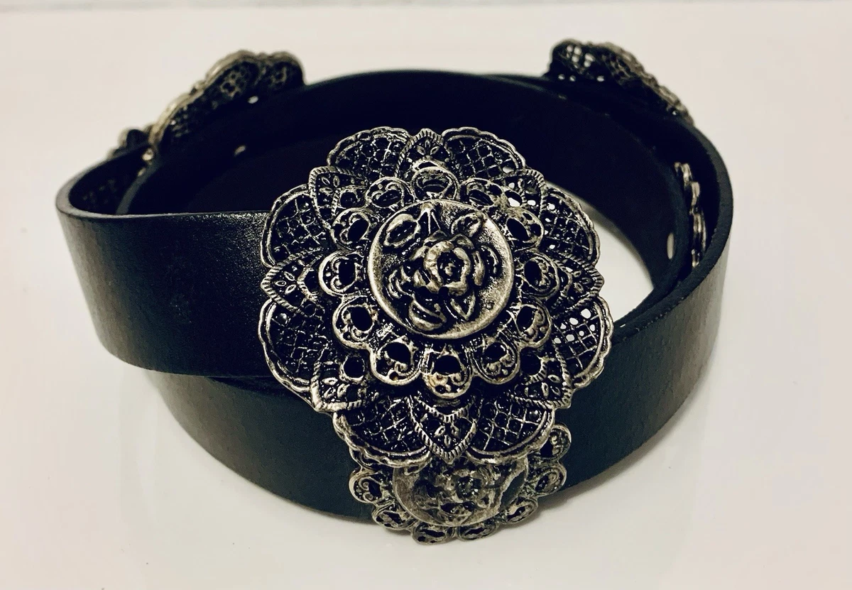 Vintage Artisan Abalone Shell Silver Floral Concho Leather Statement Belt 33-39 Angel Ranch Women main image 4