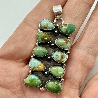 Southwest Natural Turquoise Cluster Pendant 2'' Sterling Silver by Hada 13.1g