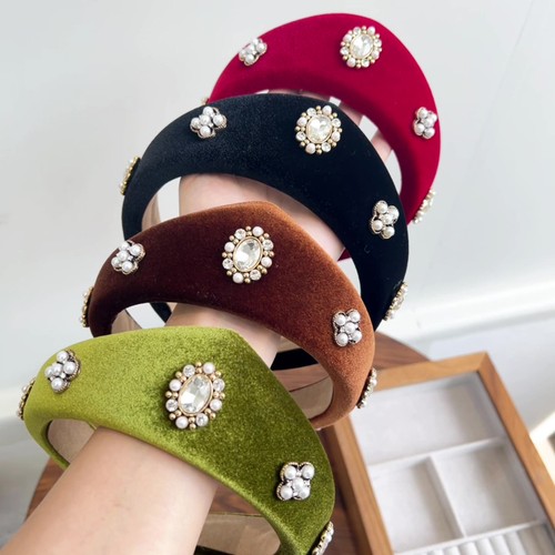 Vintage Velvet Headbands with White Pearls Rhinestone Crown Hairband for Women - Picture 11 of 16