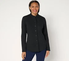 Isaac Mizrahi Live! Knit Button Front Shirt with Ruffle Detail-Black-XS A674063