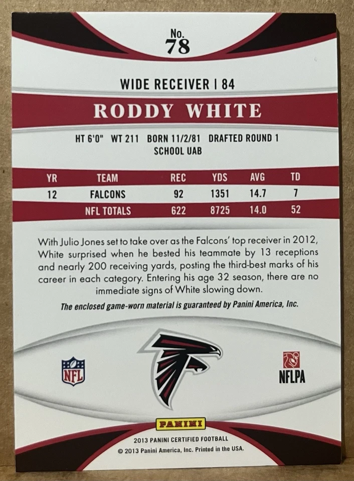 Roddy White 2013 Certified Mirror Gold Refractor Materials 3 Color Jersey /49 - Image 2 of 2