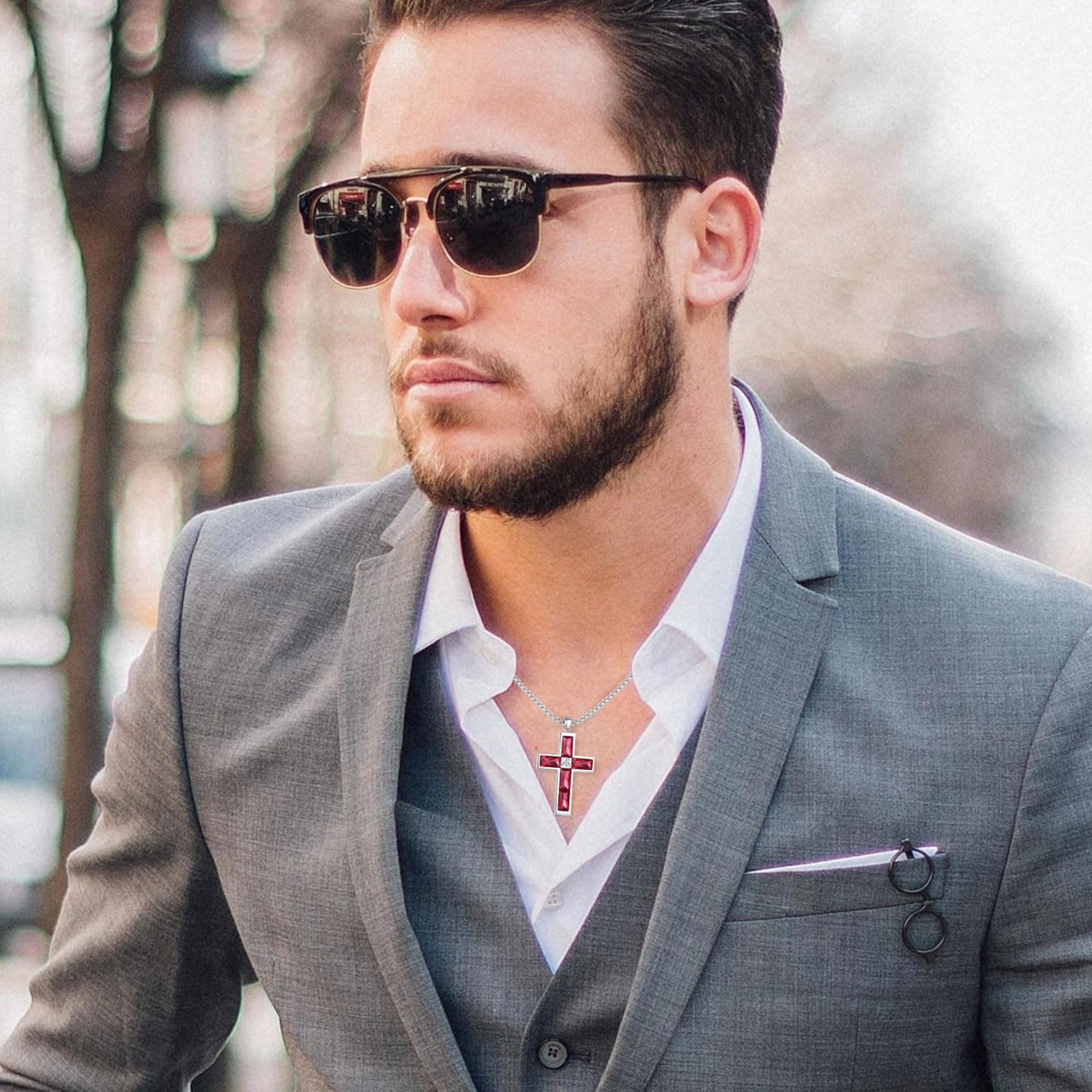 Ruby Cross Necklace for Men, Ruby Red Cubic Zirco… - image 3