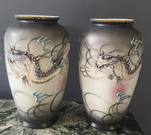 (2) Vintage JAPANESE DRAGON MORIAGE WARE VASE ENAMEL PAIR Hand Painted A+ Cond.