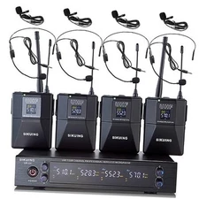 4 Channel UHF Wireless Microphone System with Lavalier Headset Mics, 4 Bodypack