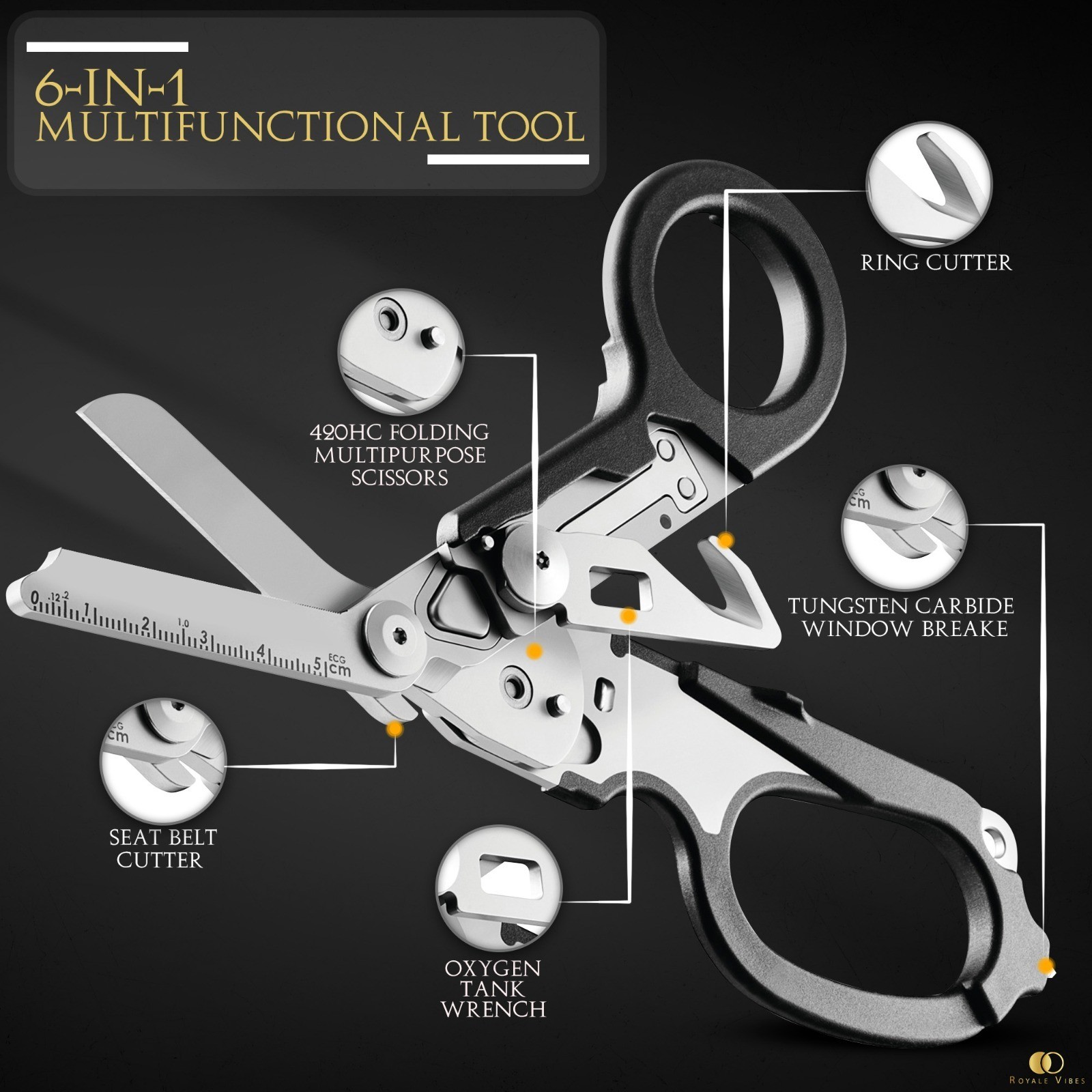 Royale Vibes 6-in-1 Trauma Shears Black EMT Medical Scissors Survival Multi-Tool