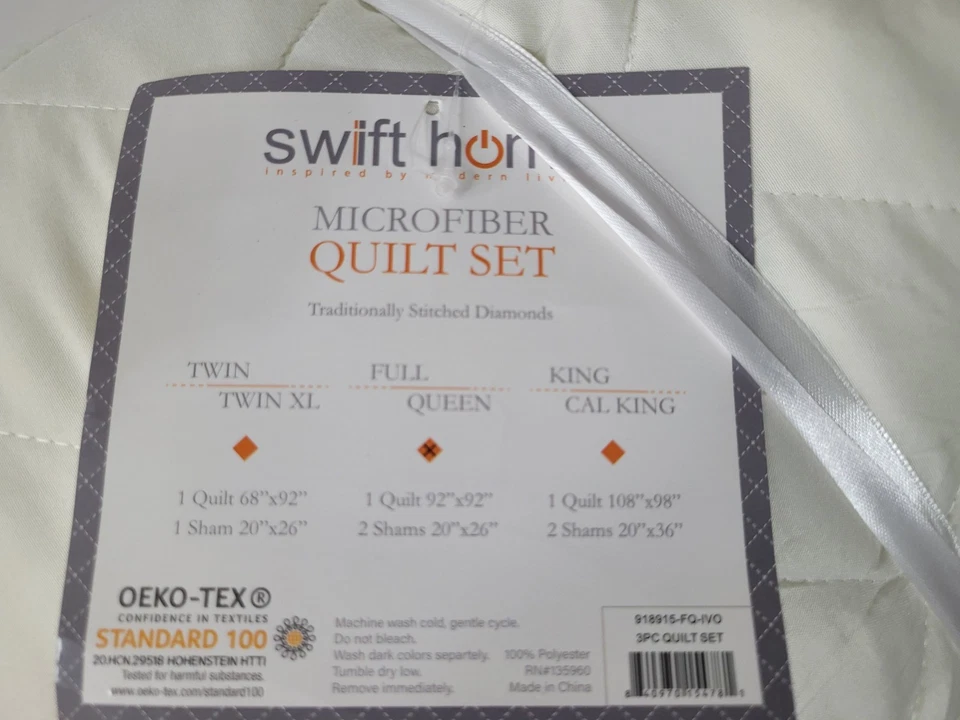 Swift Home|Essential Diamond Stitched 3-Piece QUEEN Quilt Set Bedspread IVORY - Image 4 of 4