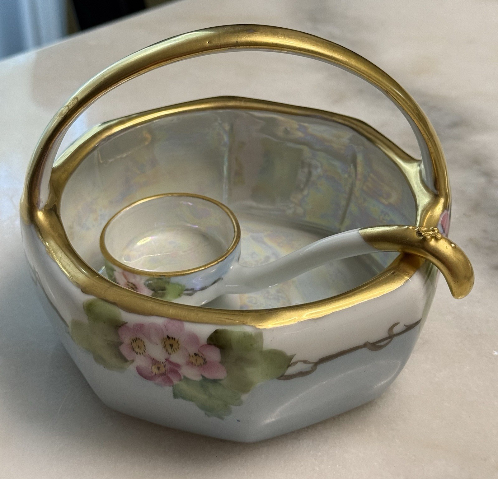 RS Prussia Tillowitz Hand Painted Pink Flowers Bowl With Spoon