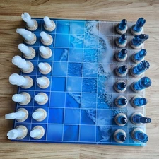 Handmade Resin Ocean Chess Set | Blue & Sand Theme | Coastal Decor