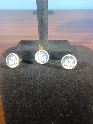 Vintage Cameo Trojan War Cufflinks & Tieclip Blue And White Horses - Picture 8 of 12