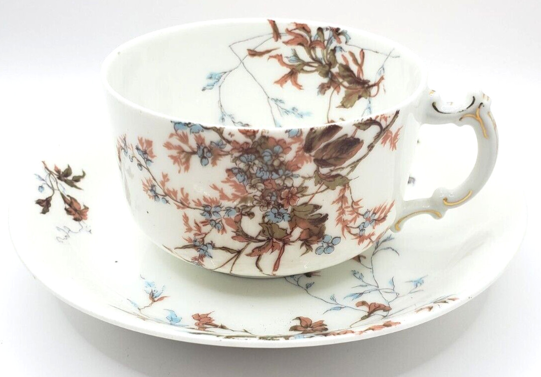 Vintage Haviland Cherry Blossoms Pink Brown Porcelain Teacup and Saucer