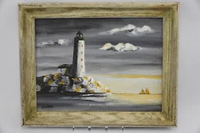 Original Painting Signed Berta Gross 1965 Lighthouse 16"x12", 18.5"x14.5" Framed