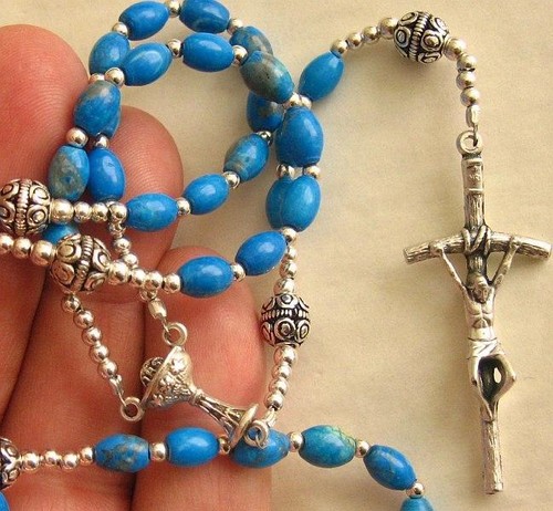 ROSARIO CATTOLICO PERLINE PREGHIERA ARIZONA TURCHESE E ARGENTO STERLING - Foto 2 di 3