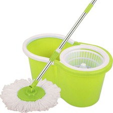 360° Spin Floor Mop Bucket Set Microfibre  Wringer Home Industrial Floor 2 Heads