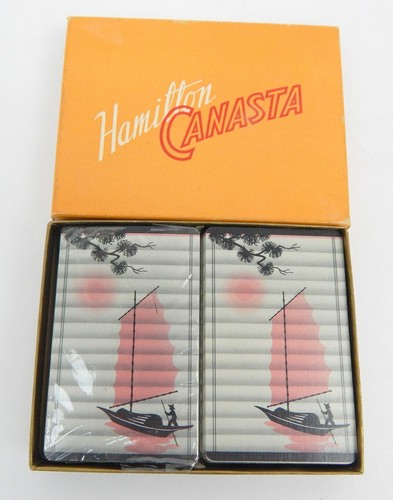 5E Hamilton Canasta 2 barajas de cartas completas con estuche barco Sampan chino japonés - Imagen 2 de 2