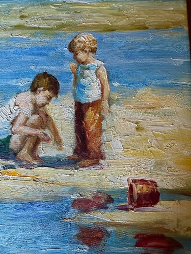 Malovani Designs “Three Can Play ” 14x14 Canvas Signed --Kids playing on beach - Picture 2 of 7