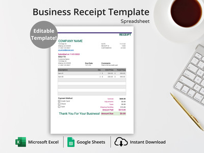 Business Receipt Template - Easy to Use Microsoft Excel & Google Sheets Template