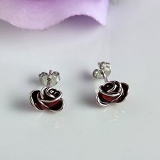 Solid 925 Sterling Sliver Enamel Red Rose Flower 3/8'' Stud Earrings