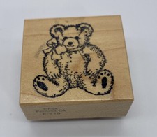 PSX E-610 TEDDY BEAR WITH BOW WOOD RUBBER STAMP 2x2 Vintage