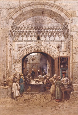 Carl Werner ''Arabs In An Alley, Cairo'' historical Brown Artwork PAPER or CANVAS