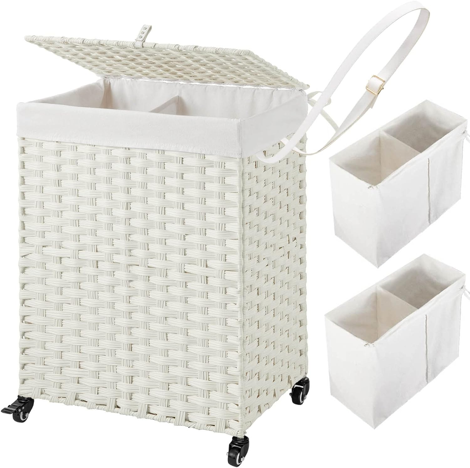 Laundry Hamper with Wheels No Install 90L Divided Handwoven Hampers & 2 Bags-image