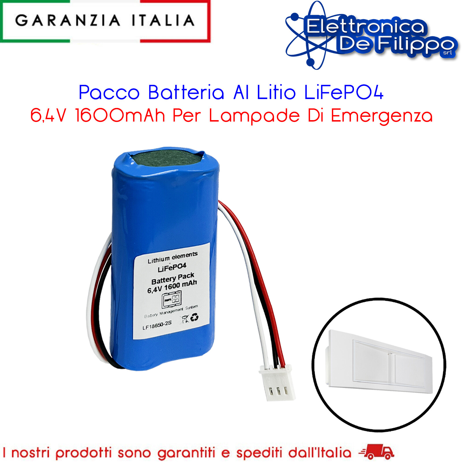 Pacco Batteria Al Litio LiFePO4 6,4V 1600mAh Per Lampade Di Emergenza Beghelli
