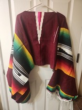 Vintage Traditional Saltillo Mexican Serape Poncho Multi Color Fringe Vibrant