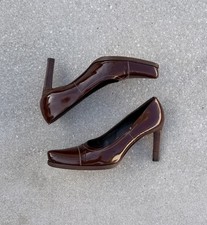 Prada Brown Patent Leather Square Toe Stiletto Pumps with Stitching