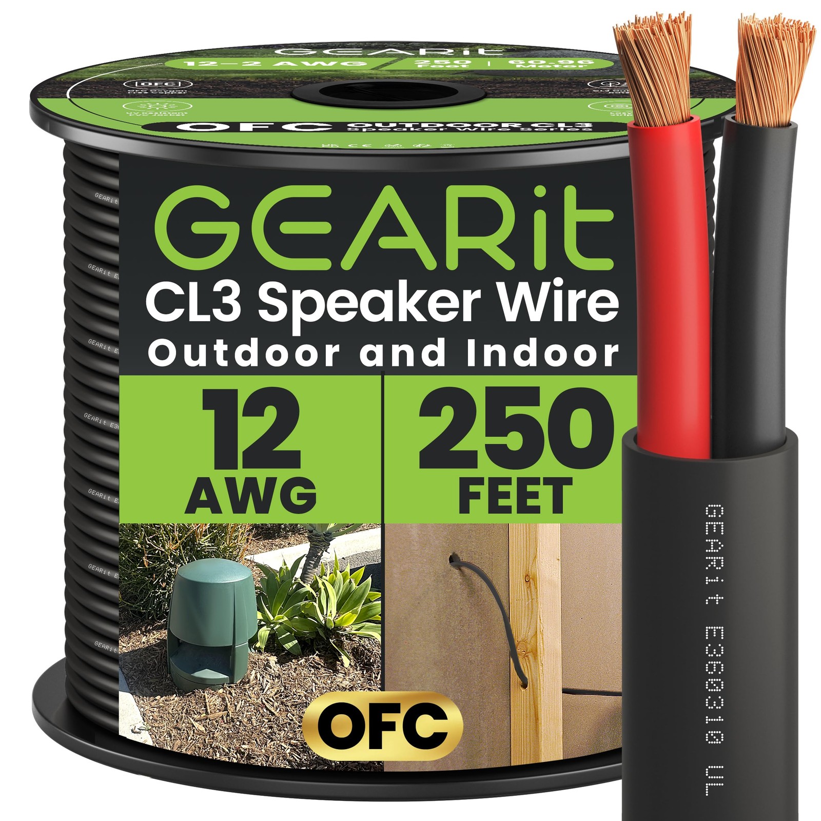 GearIT Outdoor Speaker Wire OFC 2x4mm≤ (76.2 Meters - Black) Oxygen-Free Copper