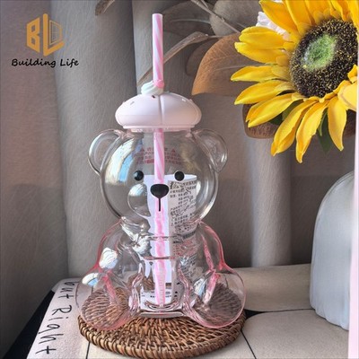 Starbucks Pink Bear Glass Dessert Party Cup w/Straw Tumbler Cold Water Cup 660ml