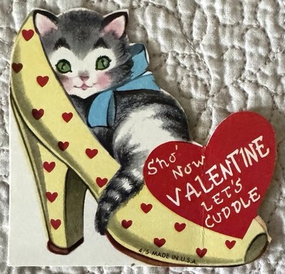 Unused Valentine Cat Kitten  Dress Shoe Let s Cuddle Greeting Card 1950s 1960s