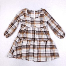 Shein Curve Plaid Tiered Babydoll Dress OXL Brown Tan Long Sleeve Cottagecore