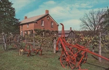 Vintage Chrome Postcard Amana Home Iowa Brick House Antique Farm Tools