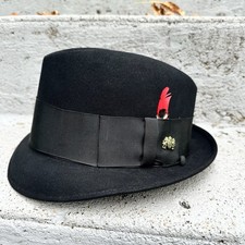 Vtg Black Champ Kasmir Feel the Felt Fedora Hat Sz 7 1/8 Red Feather Lion Crest