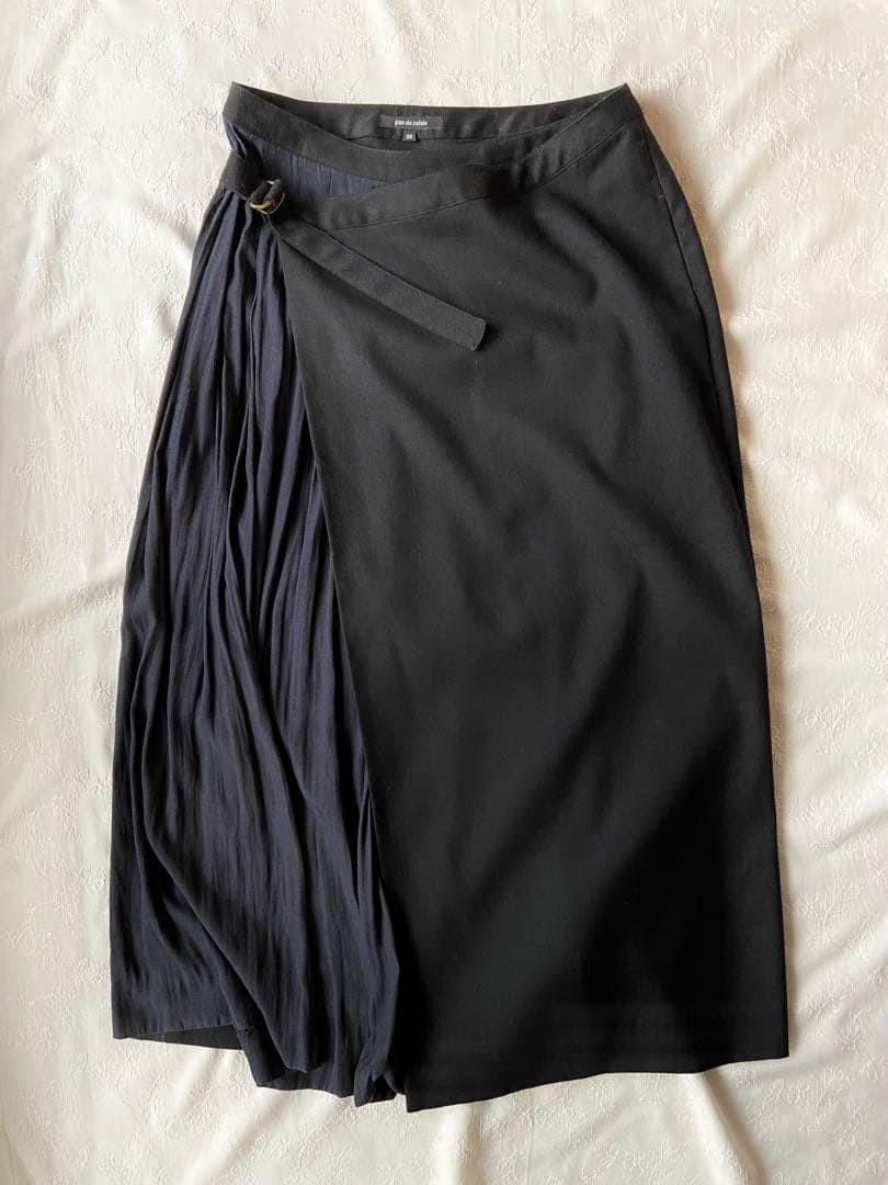 Pas de Calais Pleated Wrap Skirt Navy Cotton A-line Used